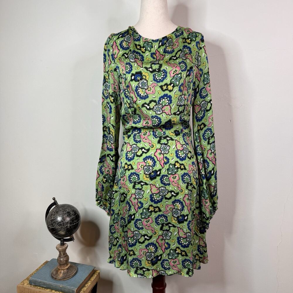 Rhode Bonnie Mini Dress Long Sleeve Ruffle Open Back Mosaic Green Size 8